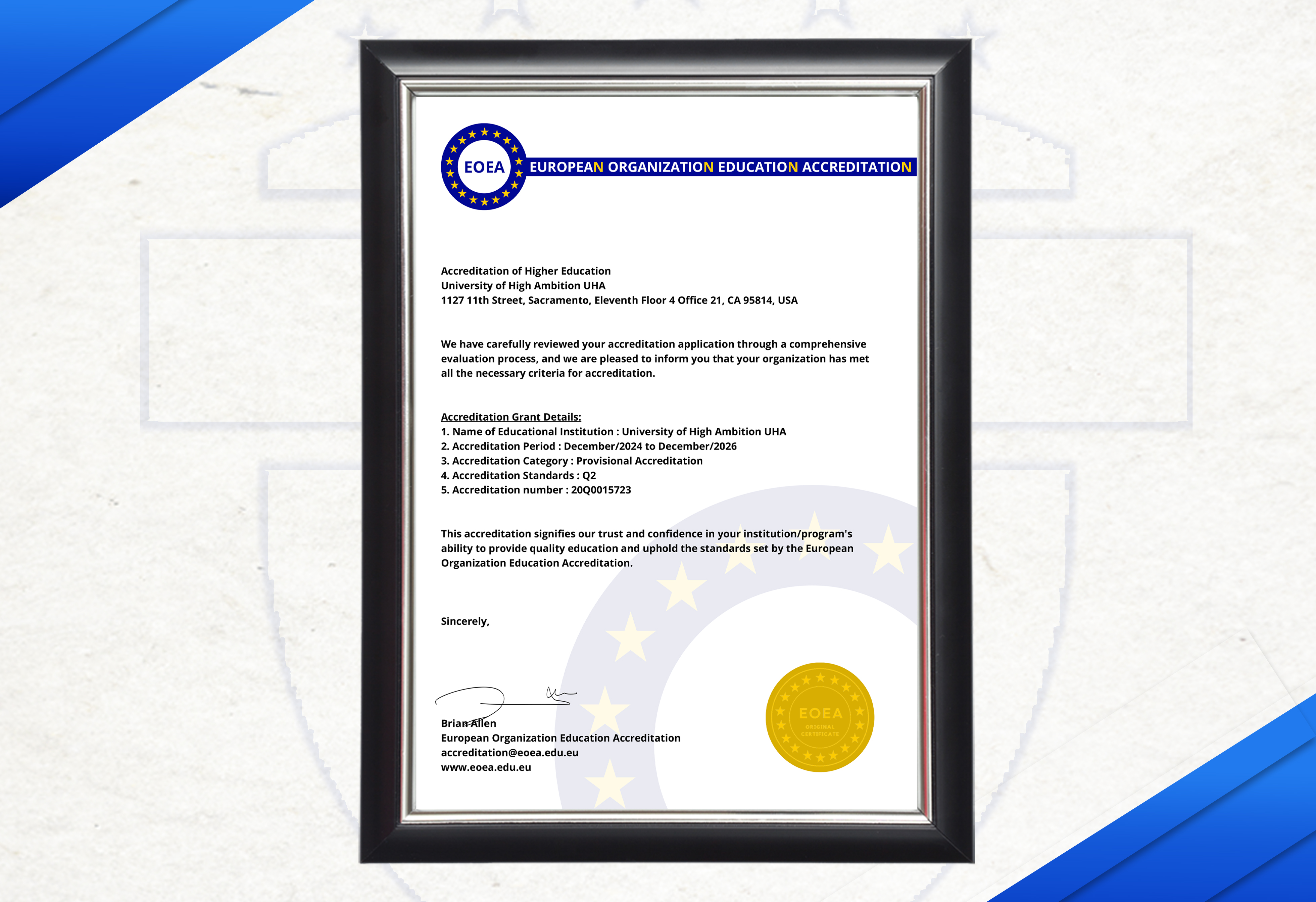 شهادة الاعتماد EOEA الأوروبي لجامعة UHA.