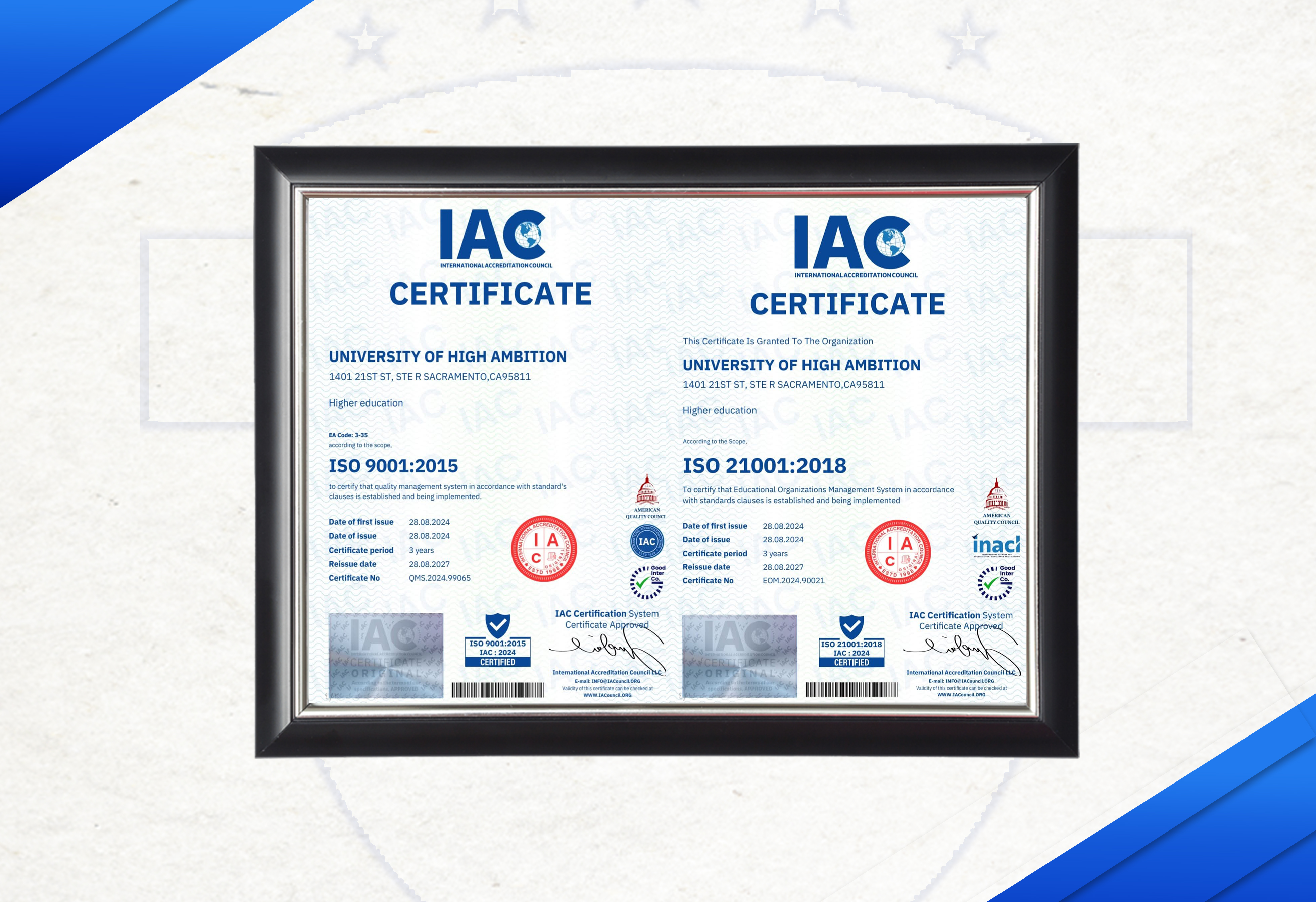 شهادة اعتماد ISO 9001 و ISO 21001 لجامعة UHA.